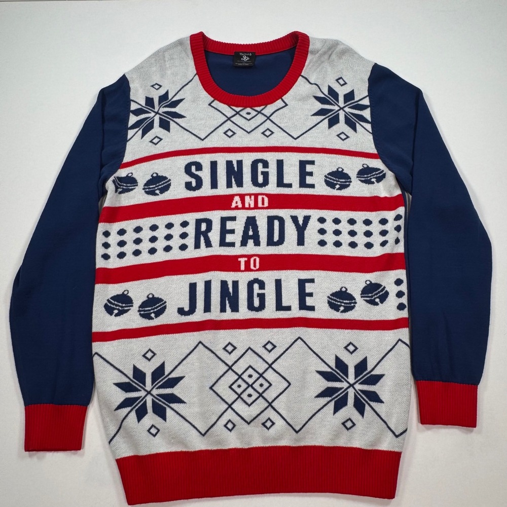 Walnut & 39th Mens XXL Blue Red White Single And Ready To Jingle Holiday Sweater